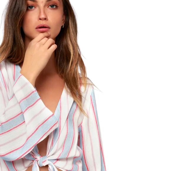 Lulus Pippi Pink Striped Tie-Front Bell Sleeve Top - Medium - Picture 8 of 13